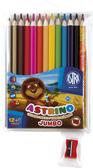 Kredki ołówkowe Astrino trójkątne 12 kolorów w drewnie + temperówka + 1 tęczowa kredka gratis 
